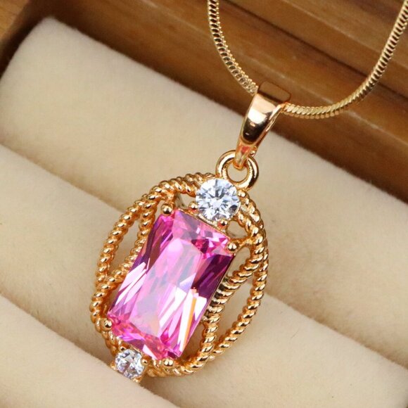 "Pink Rectangle Pendant with Gold Plated Brass and Crystal Accents, XPPT1681 - Picture 1 of 13